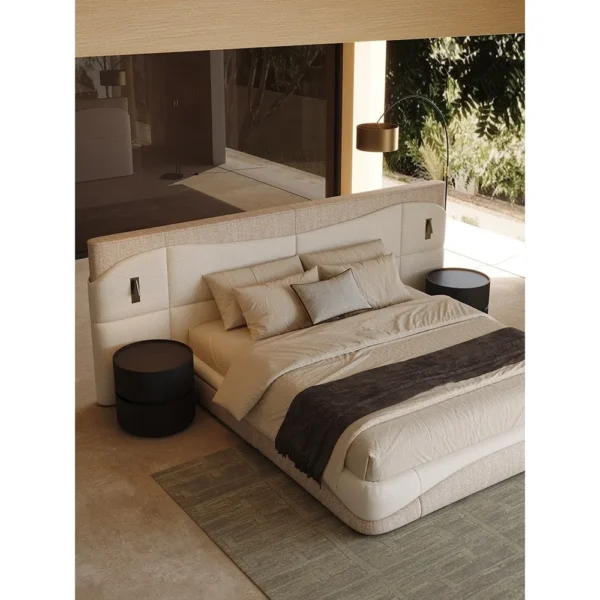 Wide-Screen Sectioned Headboard Bed in Two-Tone Linen — in a room setting