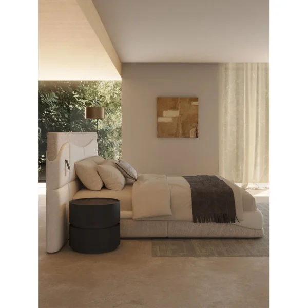 Wide-Screen Sectioned Headboard Bed in Two-Tone Linen — in a room setting