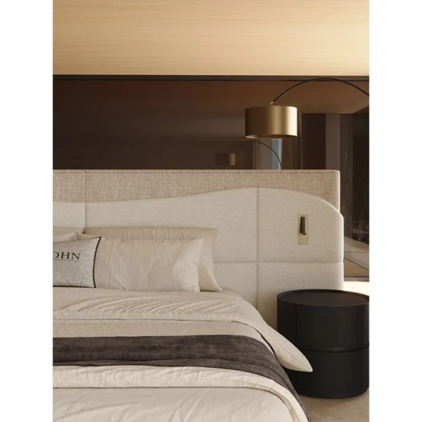 Wide-Screen Sectioned Headboard Bed in Two-Tone Linen — in a room setting