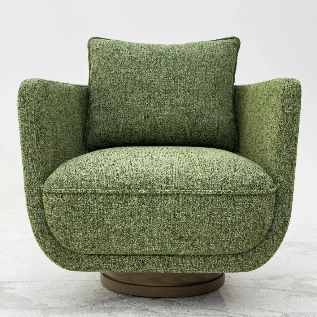 Matcha Green Coarse-Weave Swivel Lounge Chair on Wood Base in olive — front view