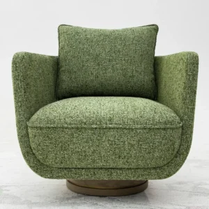 Matcha Green Coarse-Weave Swivel Lounge Chair on Wood Base in olive — front view