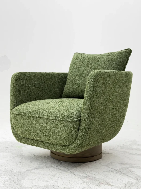 Matcha Green Coarse-Weave Swivel Lounge Chair on Wood Base in olive — in a room setting