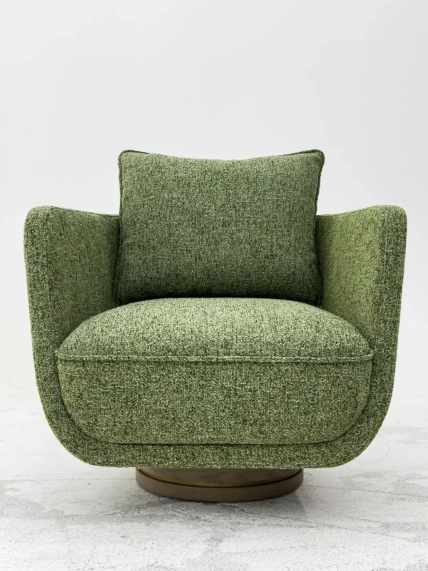Matcha Green Coarse-Weave Swivel Lounge Chair on Wood Base in olive — in a room setting