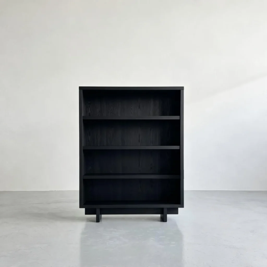 Matte Black Oak Open Bookshelf, 180 x 150 cm in black — front view