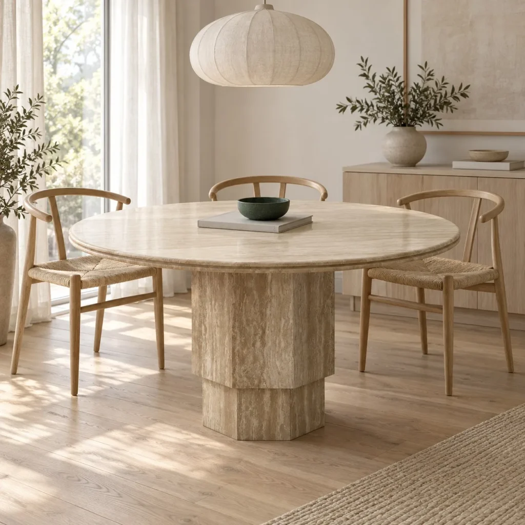 Sealed Travertine Round Dining Table on Fluted Column in oatmeal — front view