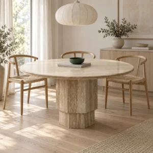 Sealed Travertine Round Dining Table on Fluted Column in oatmeal — front view