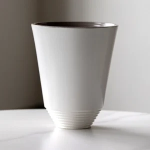 Matte White Cone Ceramic Vase with Spiral-Ribbed Base in ivory — front view