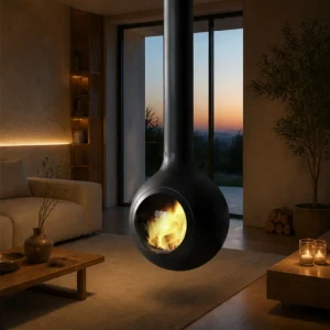 Maureen Suspended Drop Fireplace with Round Window, 60 cm in black — front view