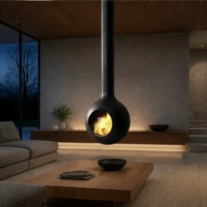 Maureen Suspended Drop Fireplace with Round Window, 60 cm in black — in a room setting