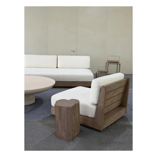 Floating Teak Outdoor Modular Sofa Set with Swivel Chairs in clay — in a room setting