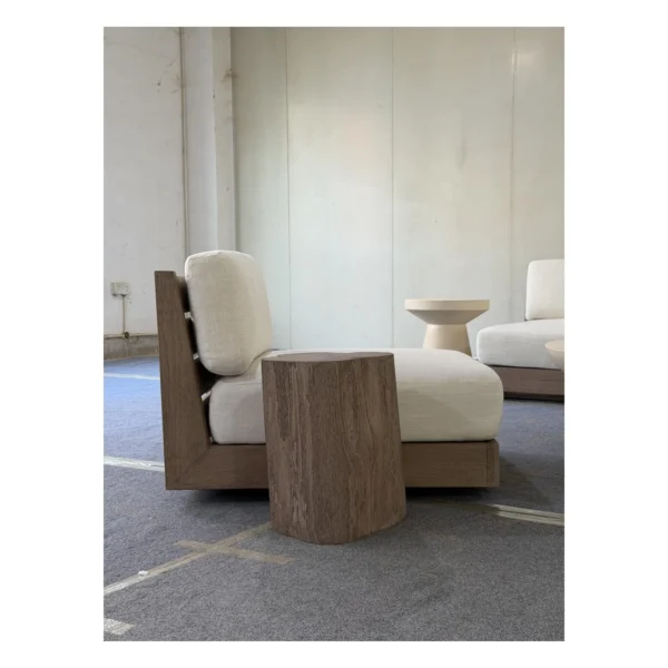 Floating Teak Outdoor Modular Sofa Set with Swivel Chairs in clay — in a room setting