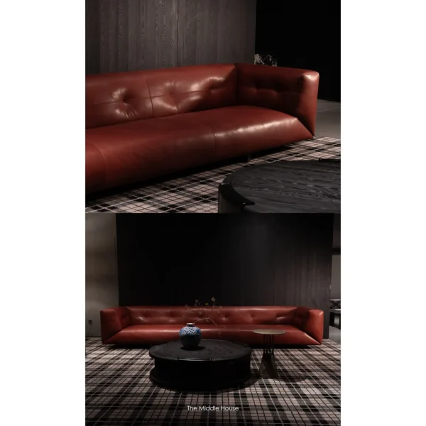 Quiet Luxury Sofa in Cognac Aniline Bull Leather — in a room setting