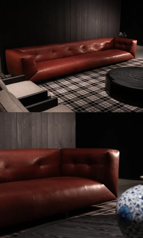 Quiet Luxury Sofa in Cognac Aniline Bull Leather — in a room setting