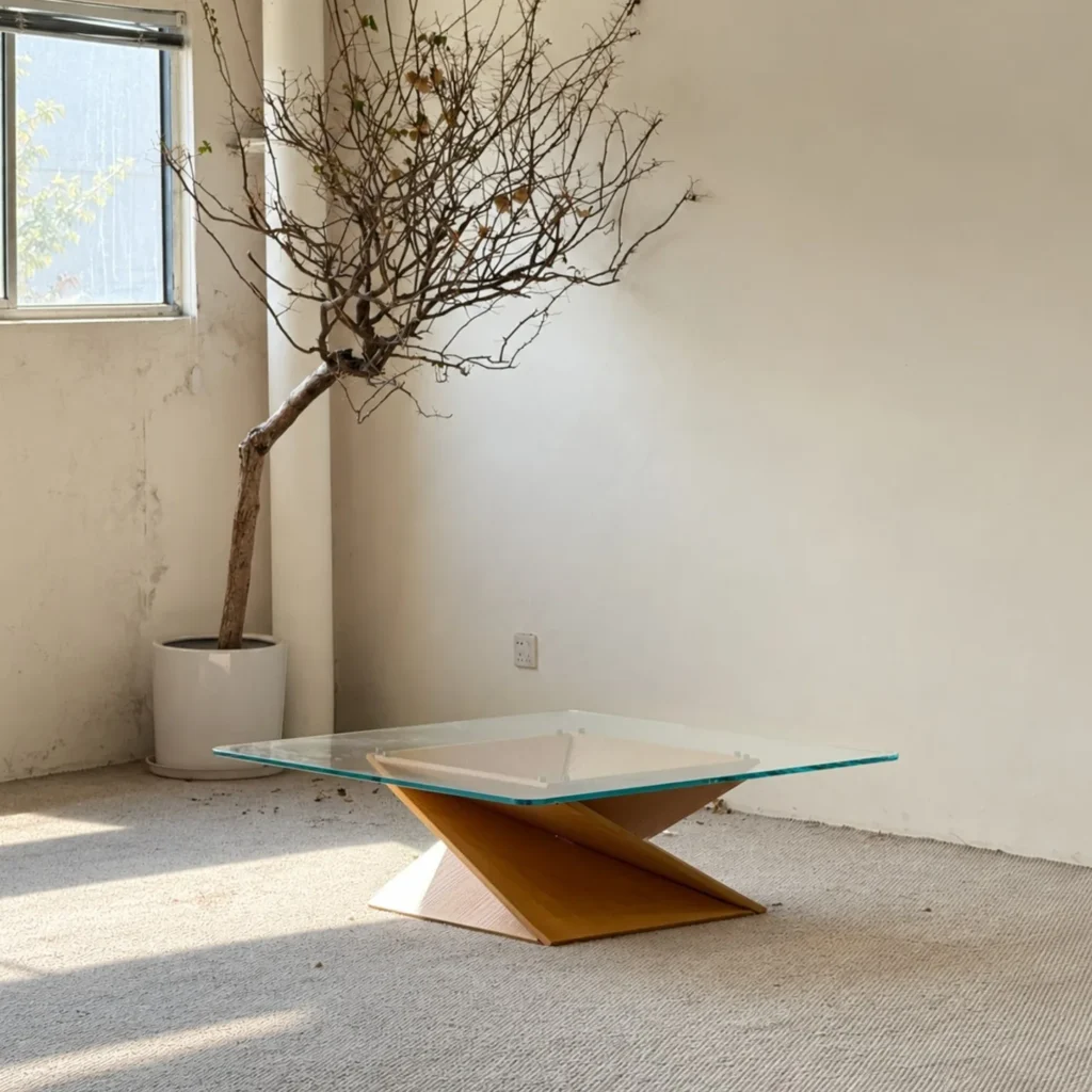 Twisted Wood Base Square Glass Coffee Table in natural oak — front view