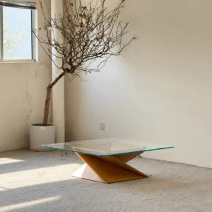 Twisted Wood Base Square Glass Coffee Table in natural oak — front view