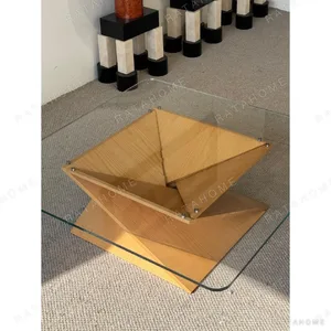 Twisted Wood Base Square Glass Coffee Table in natural oak — in a room setting