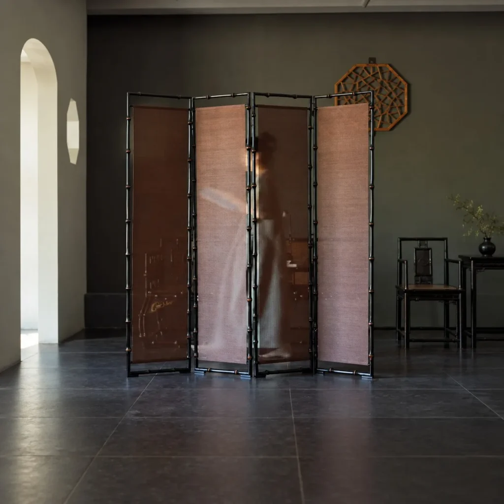 Mengxi Four-Panel Woven Bamboo Folding Screen in clay — front view
