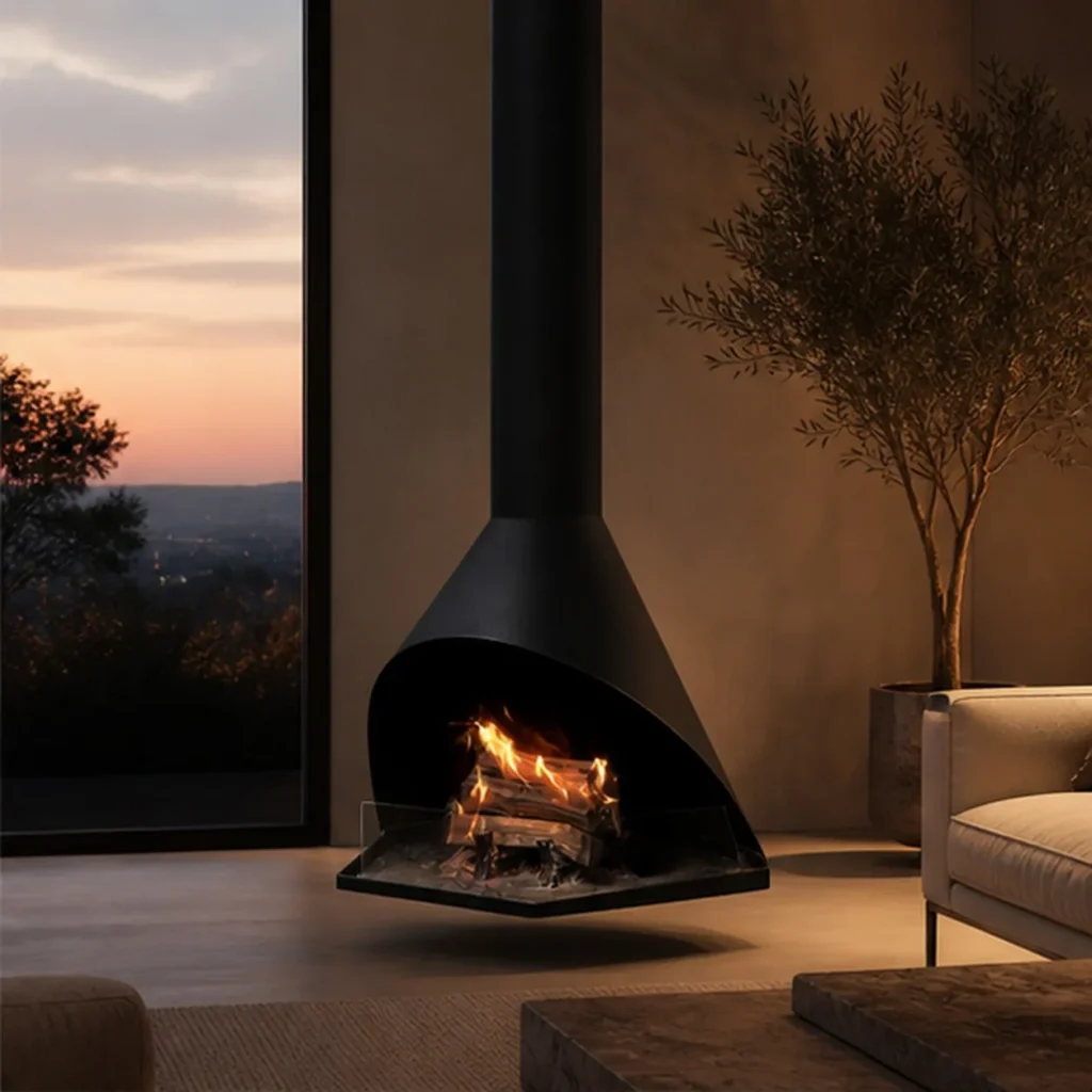 Merle Suspended Cone Fireplace with Side Opening, 70 cm in black — front view