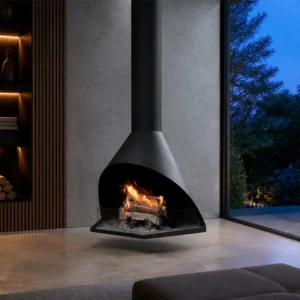 Merle Suspended Cone Fireplace with Side Opening, 70 cm in black — in a room setting