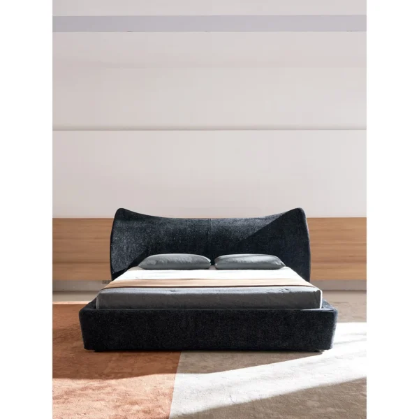 Mermaid Ultra-Thin Curved Headboard Bed in black — in a room setting