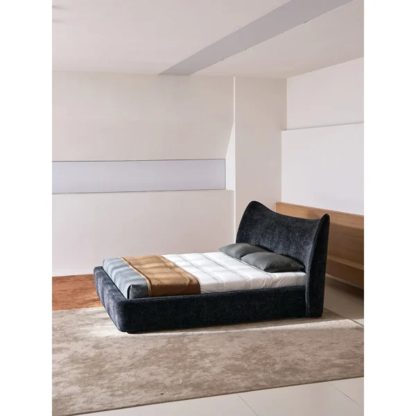 Mermaid Ultra-Thin Curved Headboard Bed in black — in a room setting