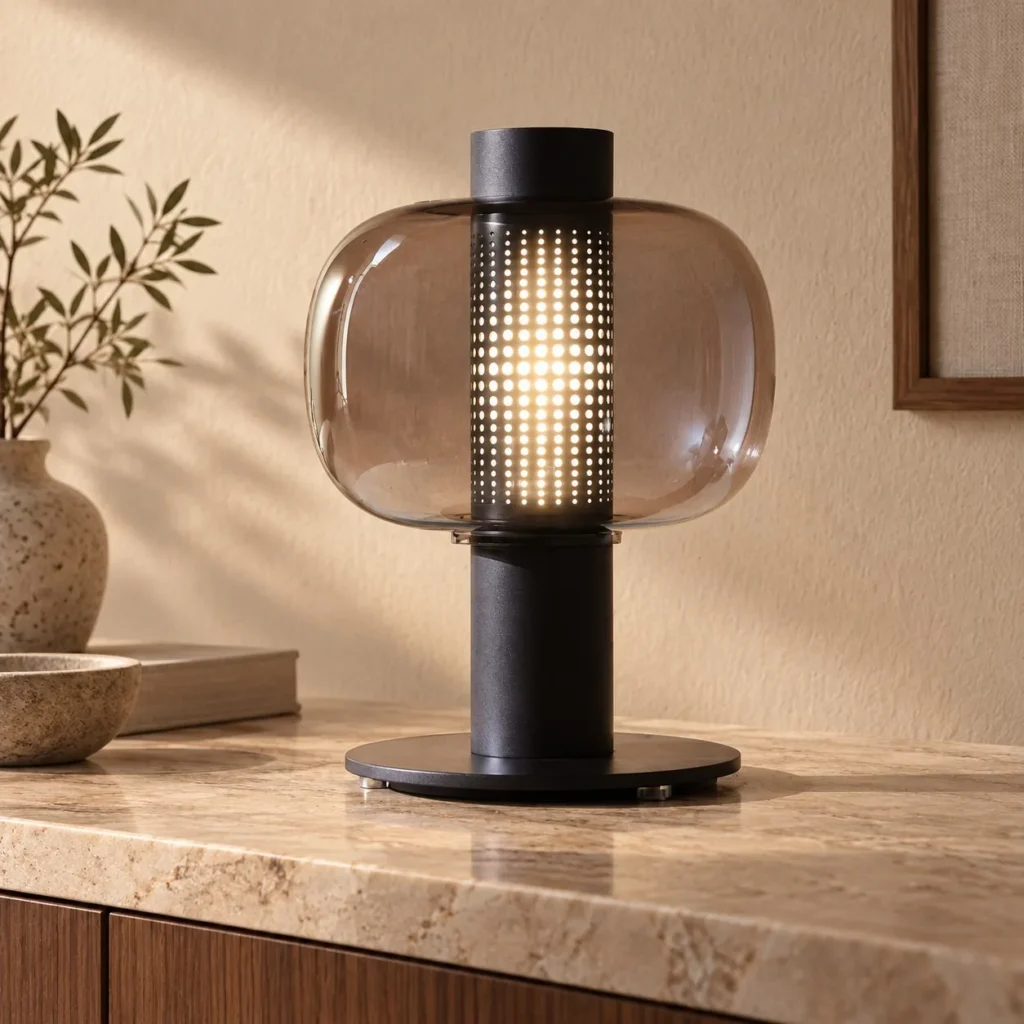 Smoked Glass Table Lamp with Perforated Black Column in black — front view