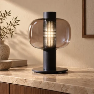Smoked Glass Table Lamp with Perforated Black Column in black — front view