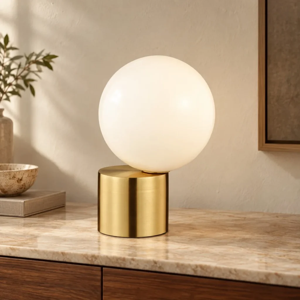 Brushed Brass Cylinder Table Lamp with Opal Globe in brushed brass — front view