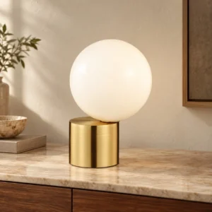 Brushed Brass Cylinder Table Lamp with Opal Globe in brushed brass — front view