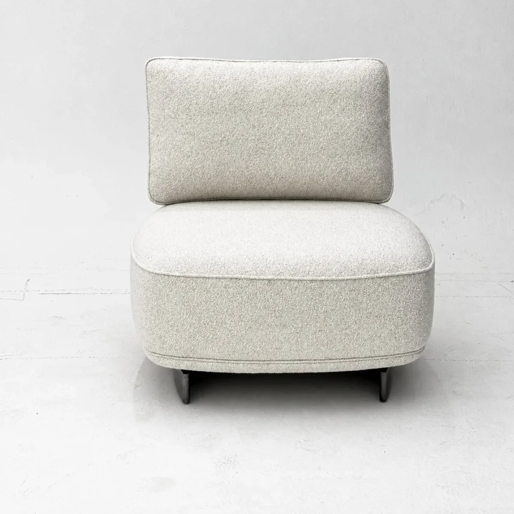 Oatmeal Teddy Fabric Armless Lounge Chair on Steel Base in oatmeal — front view