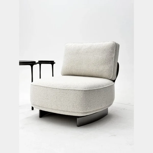 Oatmeal Teddy Fabric Armless Lounge Chair on Steel Base in oatmeal — in a room setting