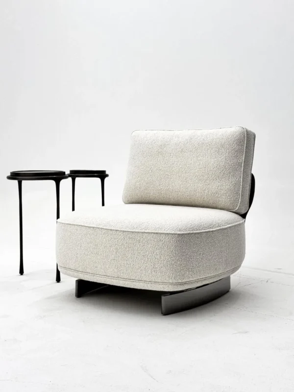 Oatmeal Teddy Fabric Armless Lounge Chair on Steel Base in oatmeal — in a room setting