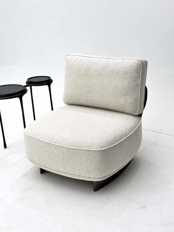 Oatmeal Teddy Fabric Armless Lounge Chair on Steel Base in oatmeal — in a room setting