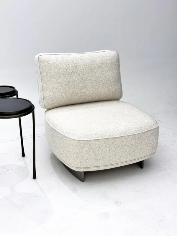 Oatmeal Teddy Fabric Armless Lounge Chair on Steel Base in oatmeal — in a room setting