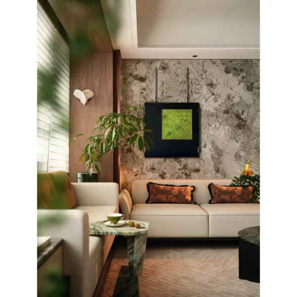 Metal Frame Green Moss Wall Art on Hanging Rods in olive — in a room setting