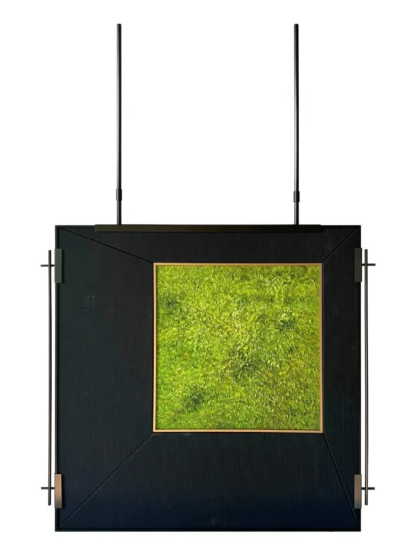 Metal Frame Green Moss Wall Art on Hanging Rods in olive — in a room setting
