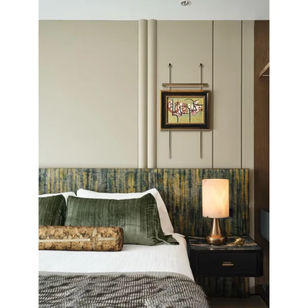 Metal Frame Small Abstract Wall Art on Brass Rails in red — in a room setting