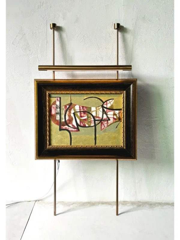 Metal Frame Small Abstract Wall Art on Brass Rails in red — in a room setting