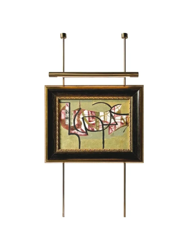 Metal Frame Small Abstract Wall Art on Brass Rails in red — in a room setting