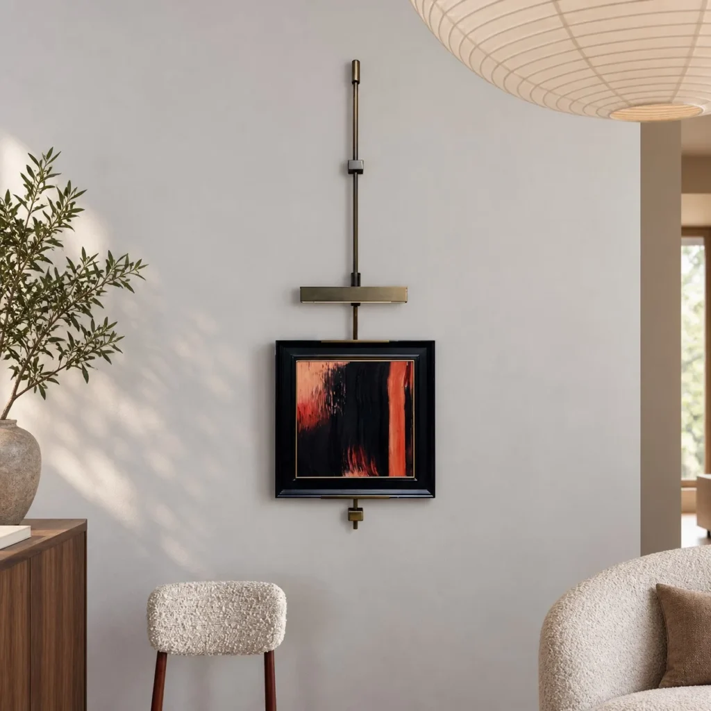 Metal Frame Wall Art on Hanging Rod, Red and Black Abstract in red — front view