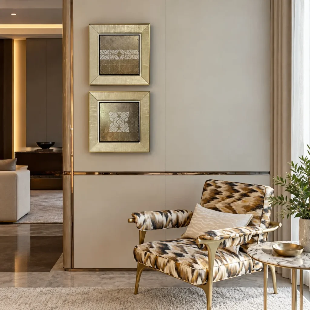 Metal Relief Wall Art Set of 2 in Gold Frames — front view