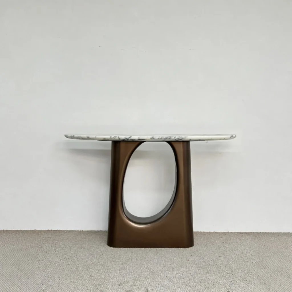 Curved Marble Console on Metallic Lacquer Openwork Base in ivory — front view