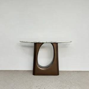 Curved Marble Console on Metallic Lacquer Openwork Base in ivory — front view
