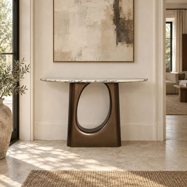 Curved Marble Console on Metallic Lacquer Openwork Base in ivory — in a room setting