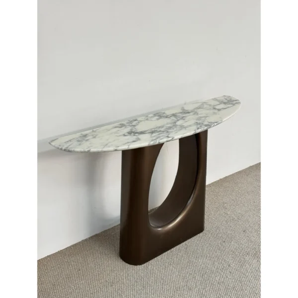 Curved Marble Console on Metallic Lacquer Openwork Base in ivory — in a room setting