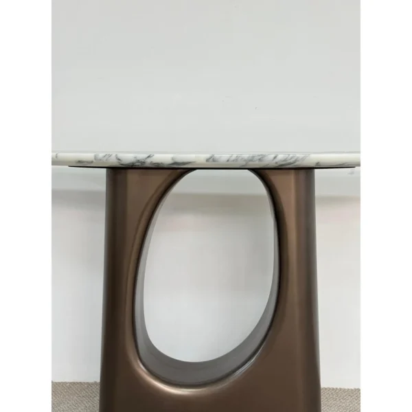 Curved Marble Console on Metallic Lacquer Openwork Base in ivory — in a room setting