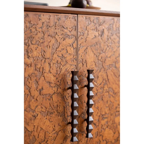 Mid-Century Amber Burl Cabinet with Sculpted Wood Pulls in rust — in a room setting