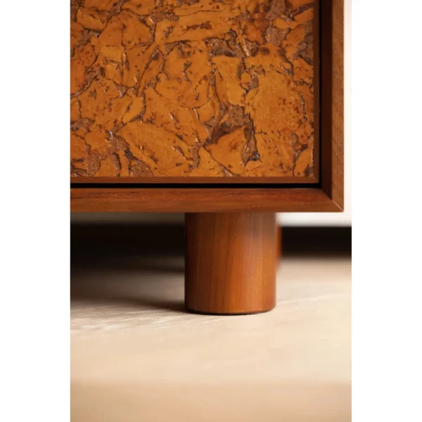 Mid-Century Amber Burl Cabinet with Sculpted Wood Pulls in rust — in a room setting