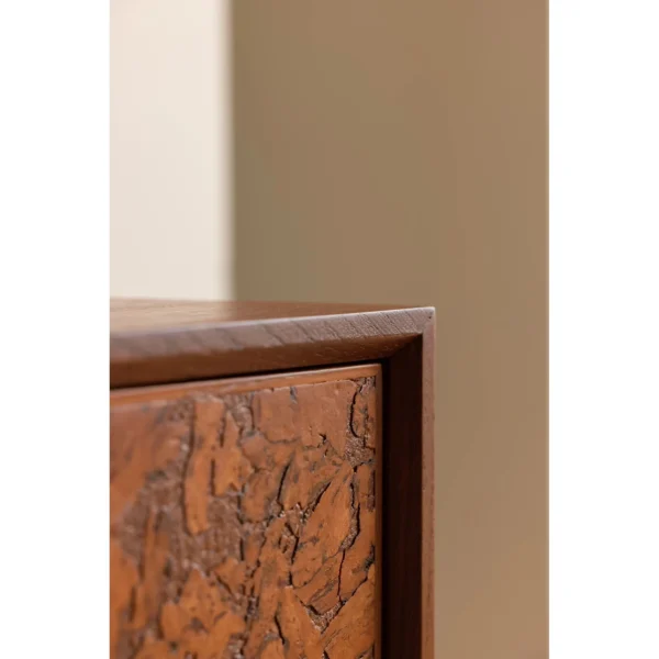 Mid-Century Amber Burl Cabinet with Sculpted Wood Pulls in rust — in a room setting