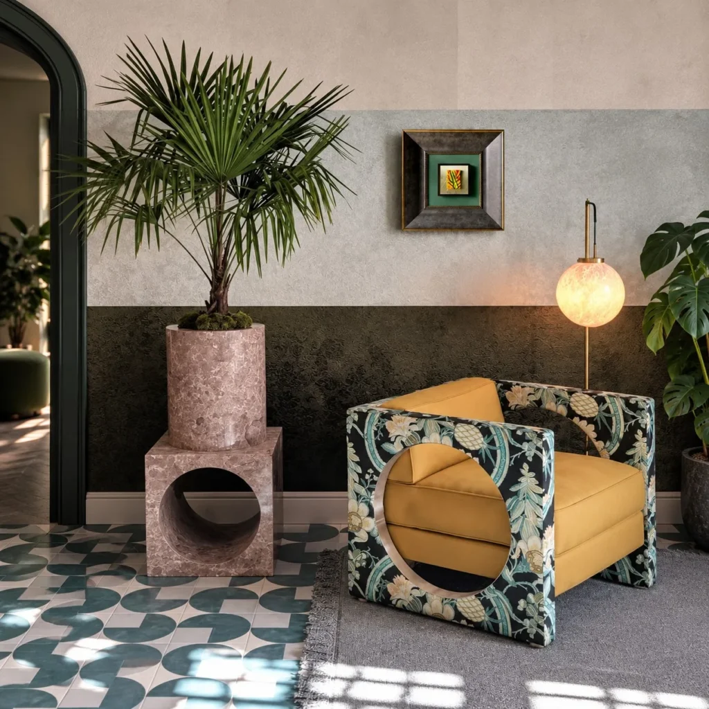 Small Mid-Century Wall Art in Layered Black and Green Frame — front view